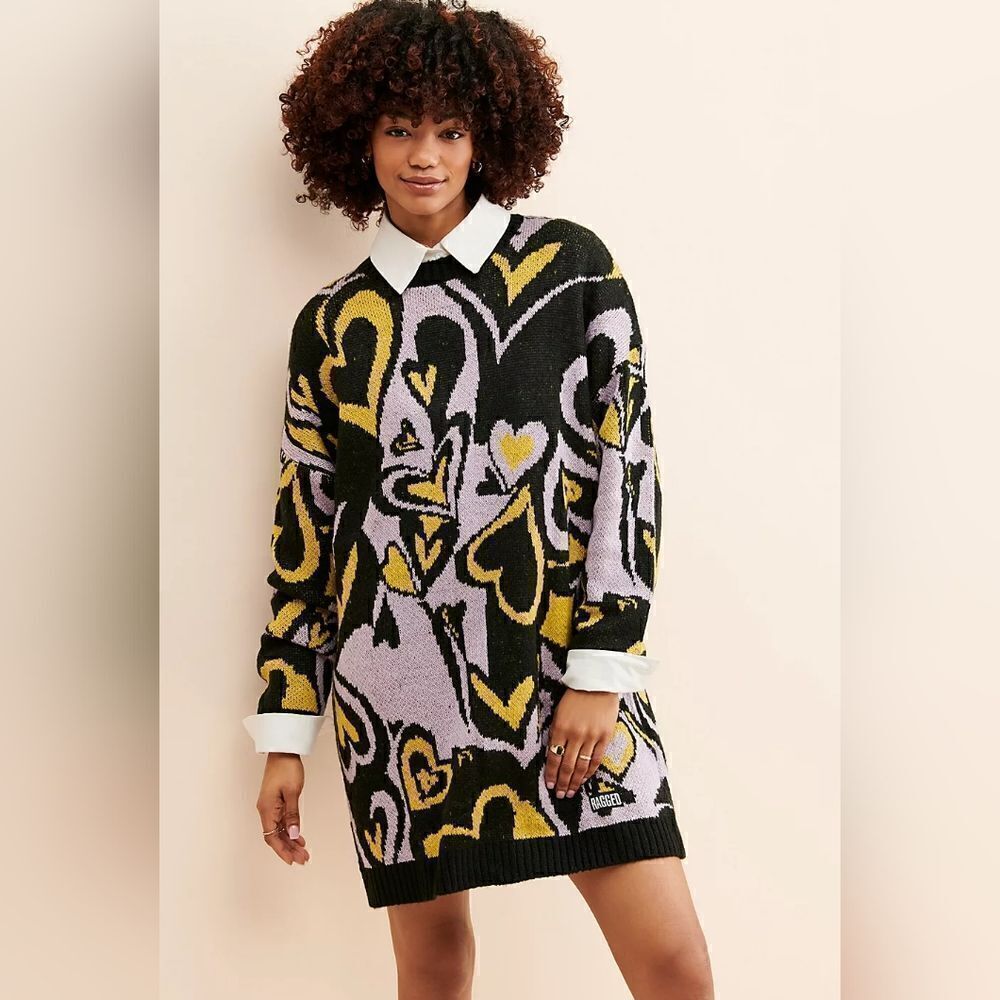 The Ragged Priest Course Heart Print Sweater Mini Dress Size Extra Small NWT